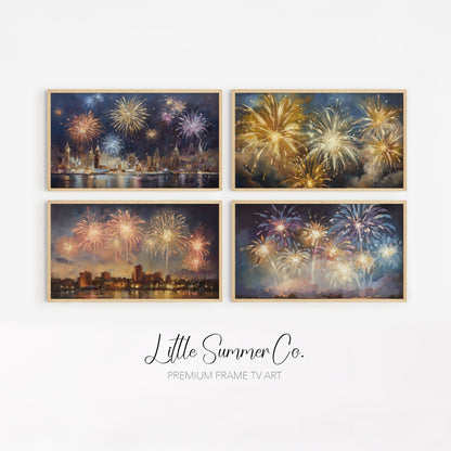 City Skyline Fireworks Frame TV Art Bundle displayed on a TV