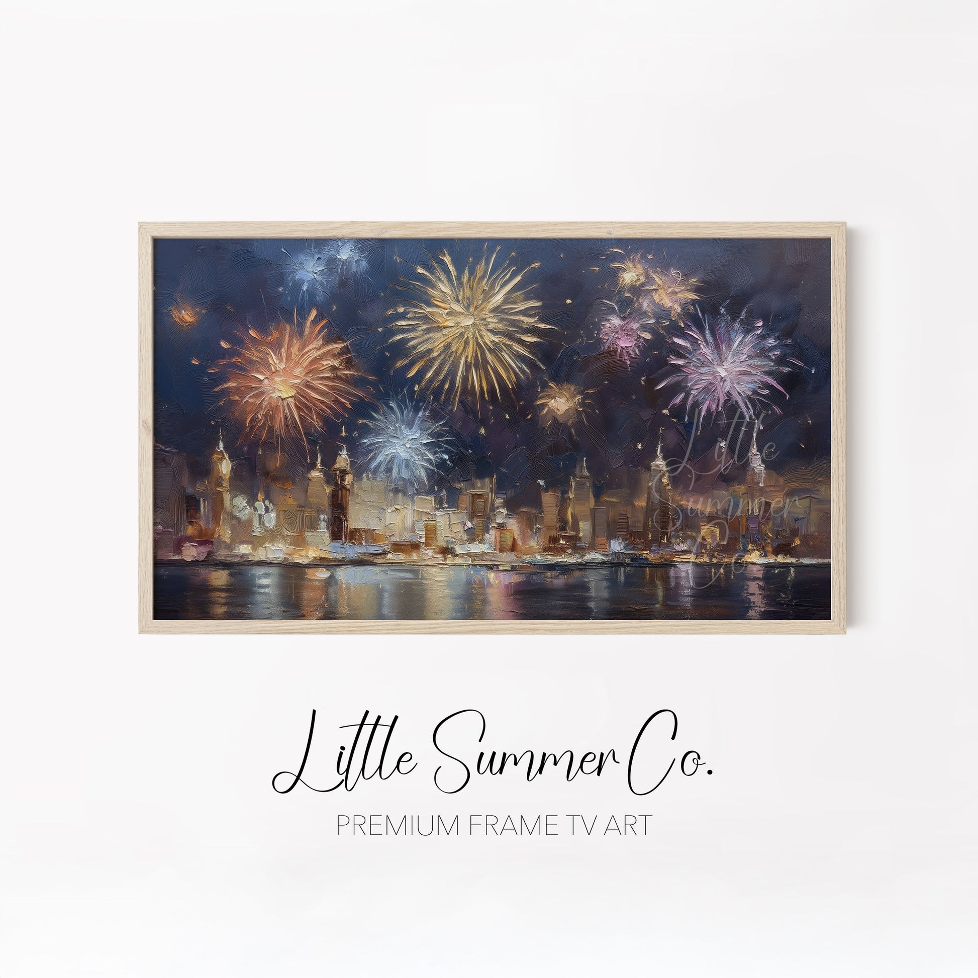 City Skyline Fireworks Frame TV Art Bundle displayed on a TV