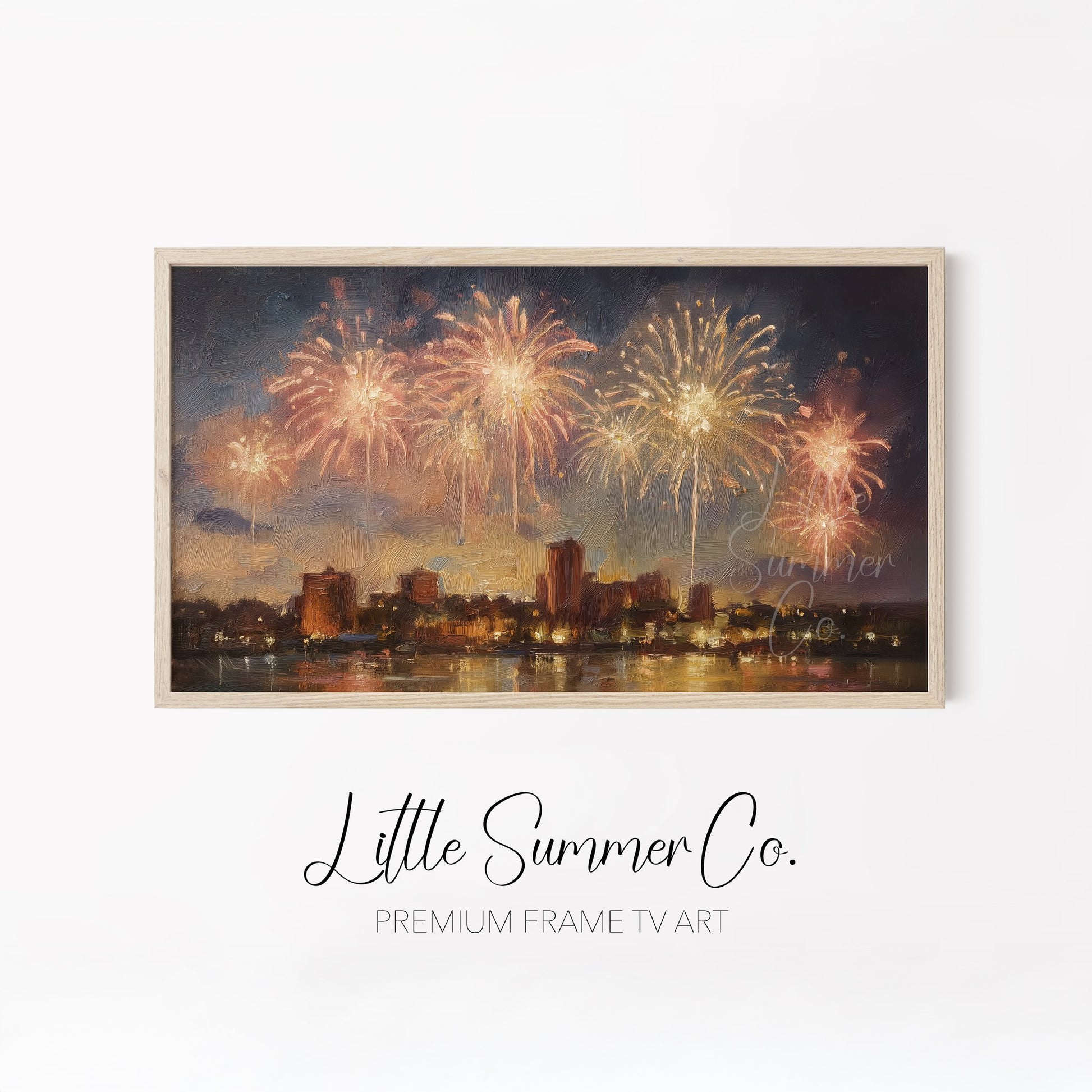 City Skyline Fireworks Frame TV Art Bundle displayed on a TV