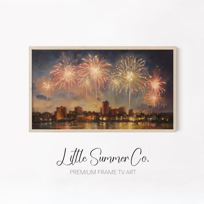 City Skyline Fireworks Frame TV Art Bundle displayed on a TV