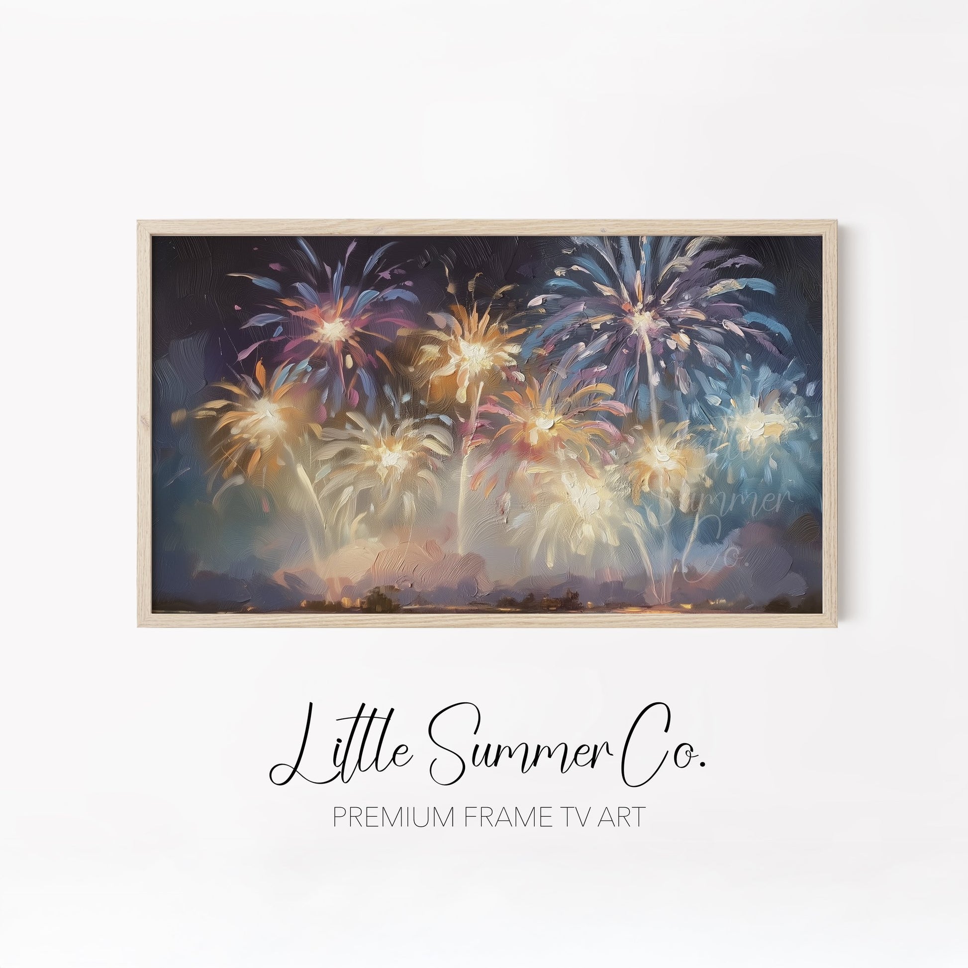 City Skyline Fireworks Frame TV Art Bundle displayed on a TV