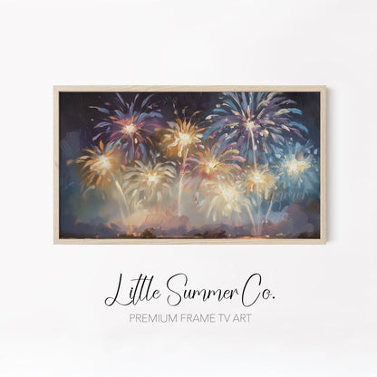 City Skyline Fireworks Frame TV Art Bundle displayed on a TV