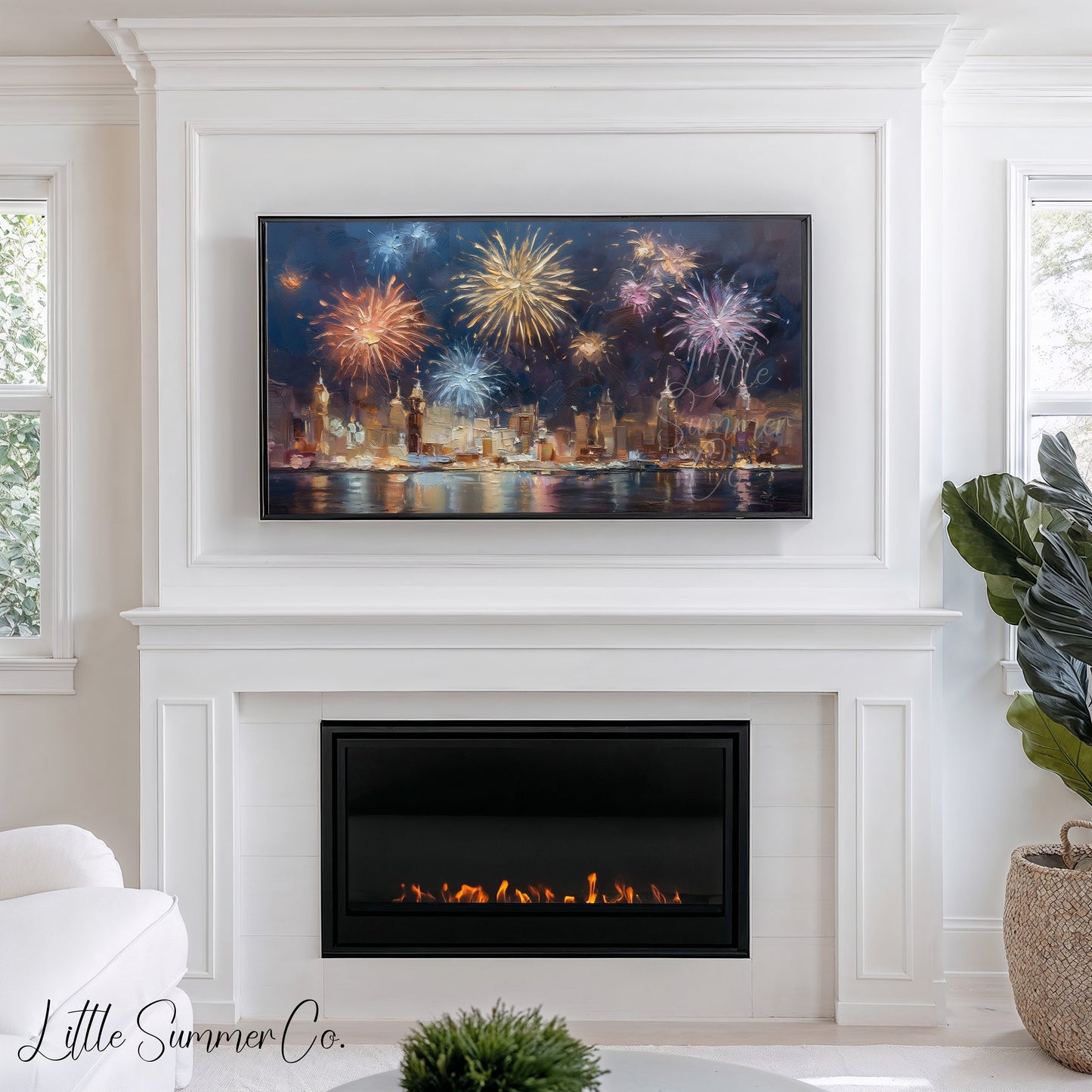 City Skyline Fireworks Frame TV Art Bundle displayed on a TV