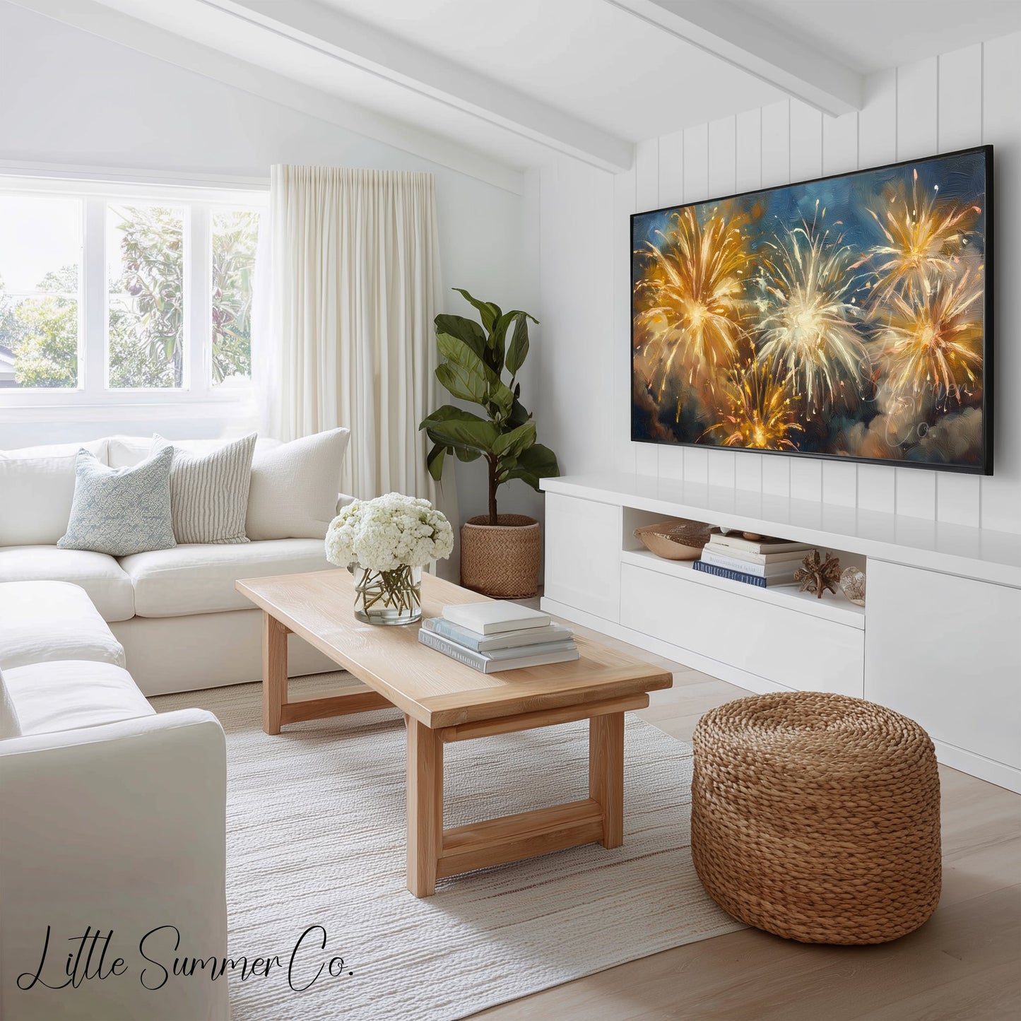 City Skyline Fireworks Frame TV Art Bundle displayed on a TV