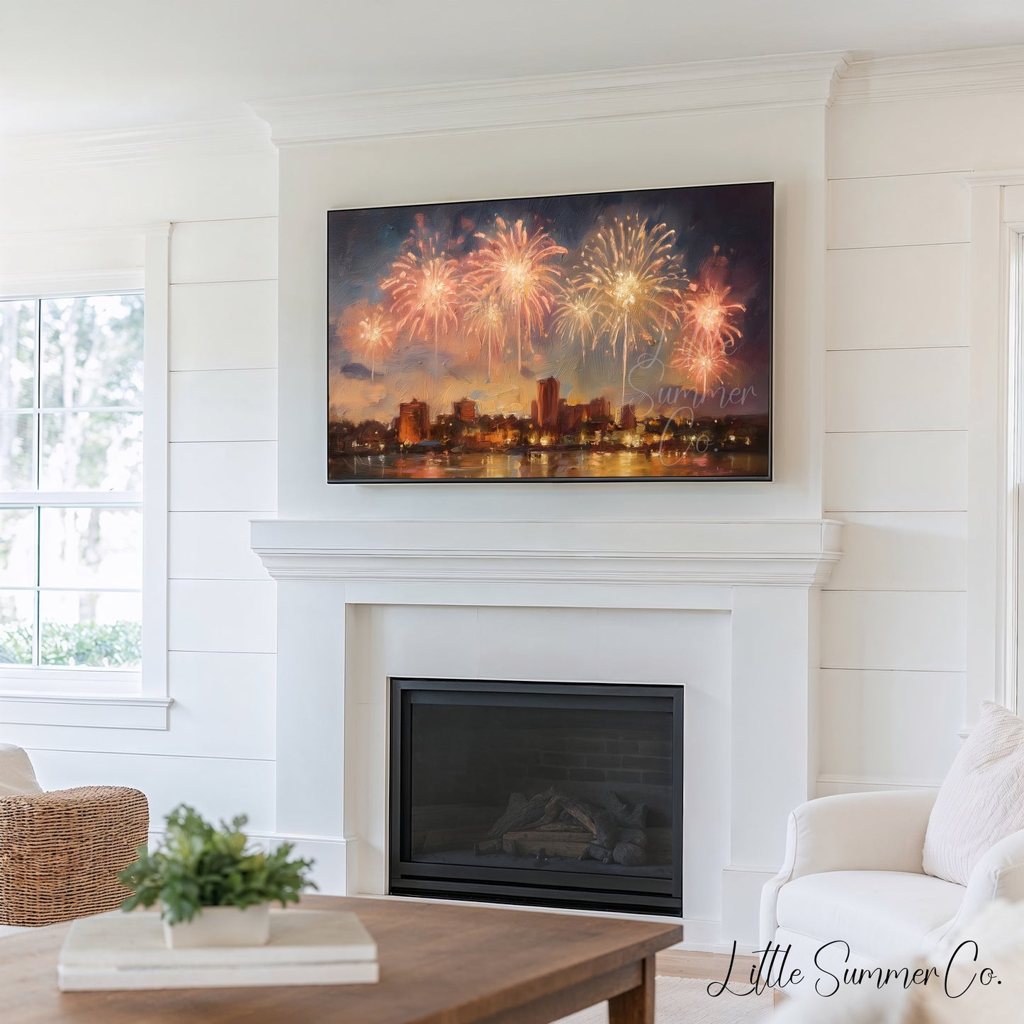 City Skyline Fireworks Frame TV Art Bundle displayed on a TV