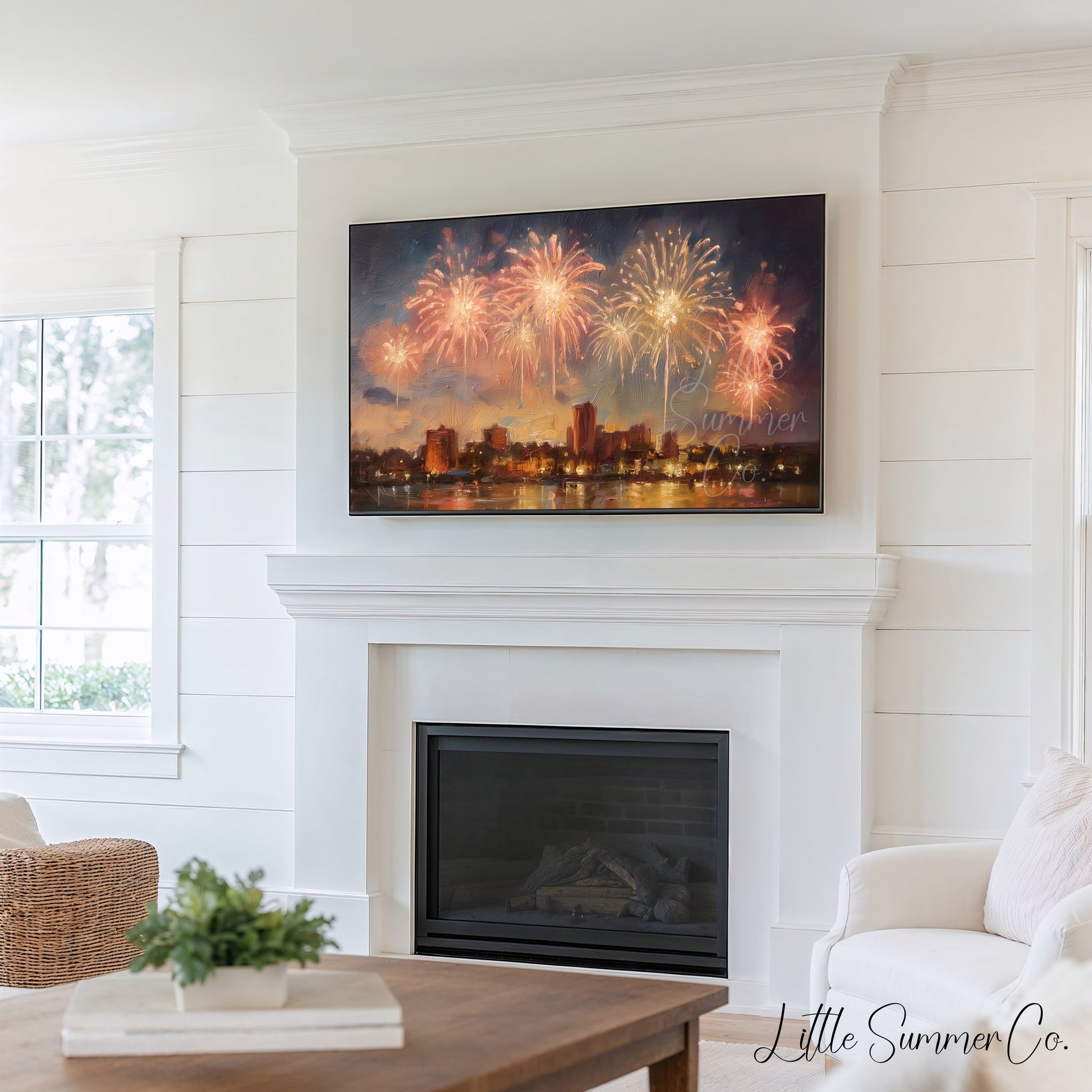 City Skyline Fireworks Frame TV Art Bundle displayed on a TV